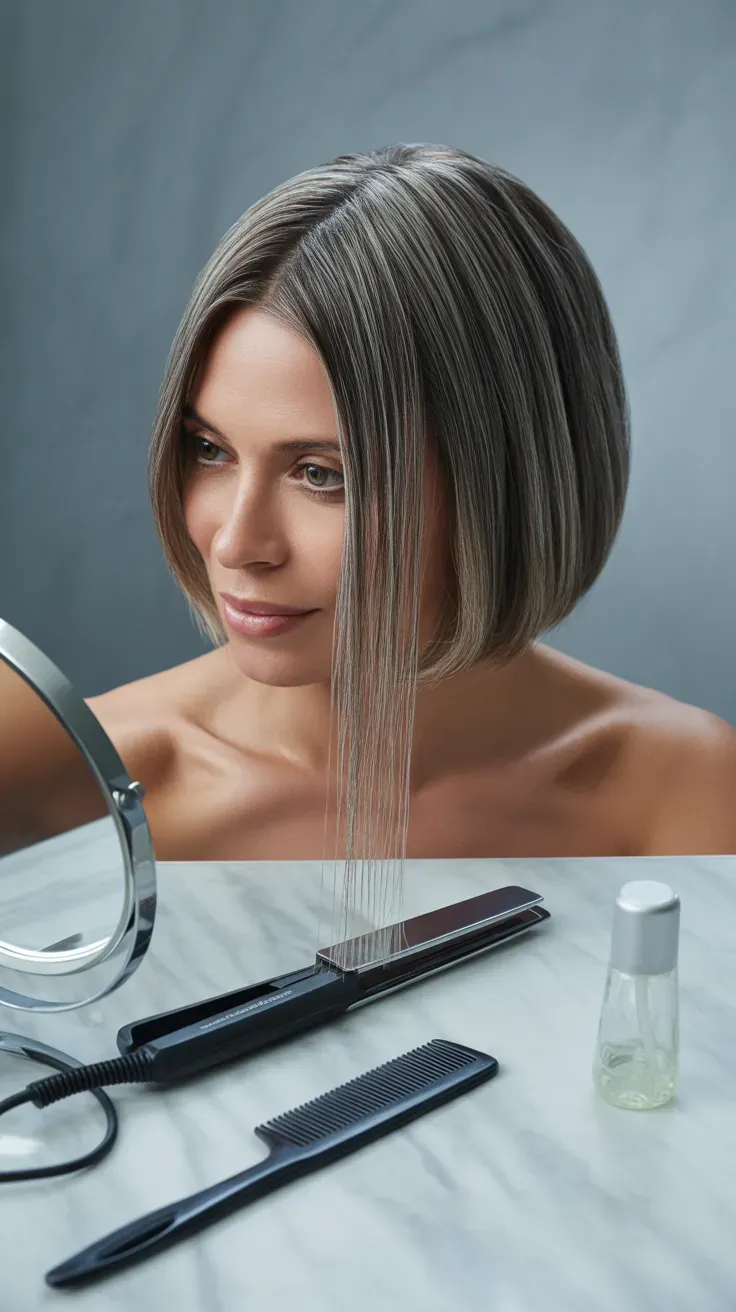 Sleek straight shag haircut on woman over 50 with polished layers