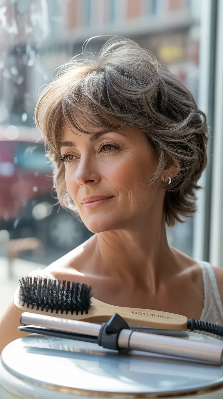 Soft feathered short shag hairstyle framing the face of an older woman