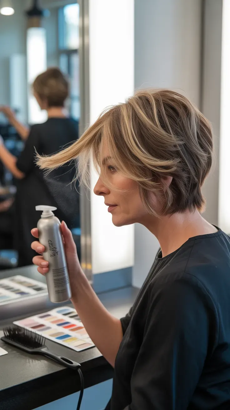 Short shag haircut with subtle lowlights on woman over 50 for dimension