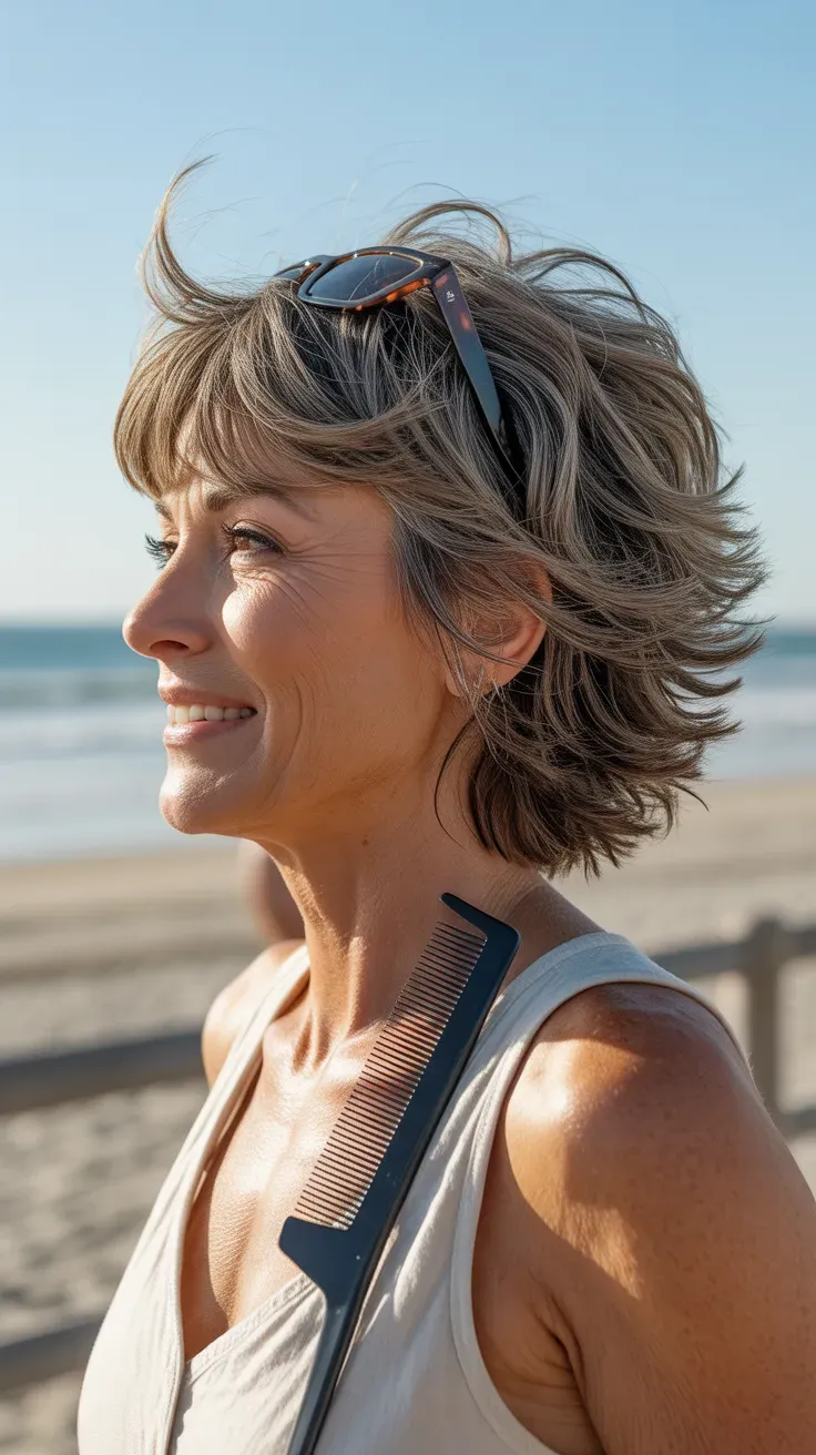 Tousled beach-style shag haircut on woman over 50 with wavy texture