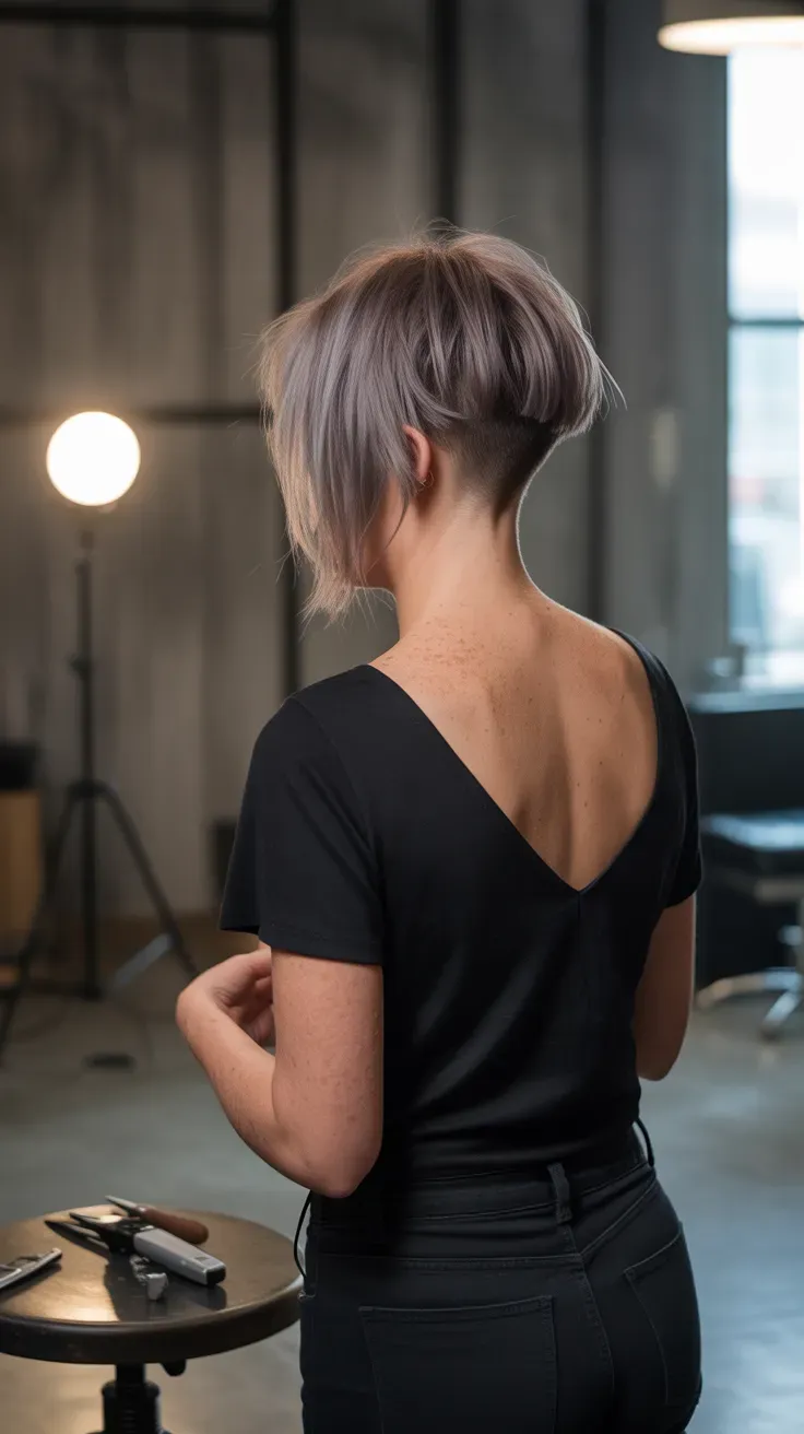 Undercut shag haircut on woman over 50 with shaved nape detail