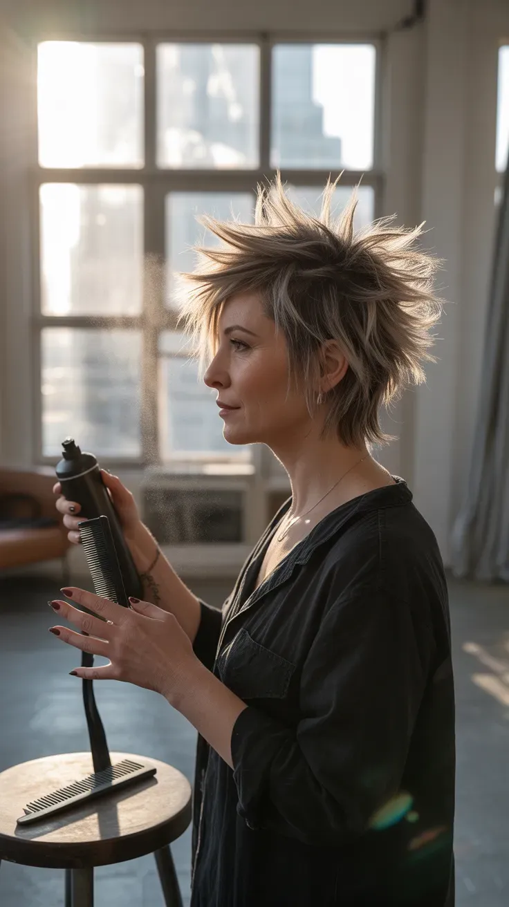 Wolf-inspired short shag haircut on mature woman with textured spiky layers