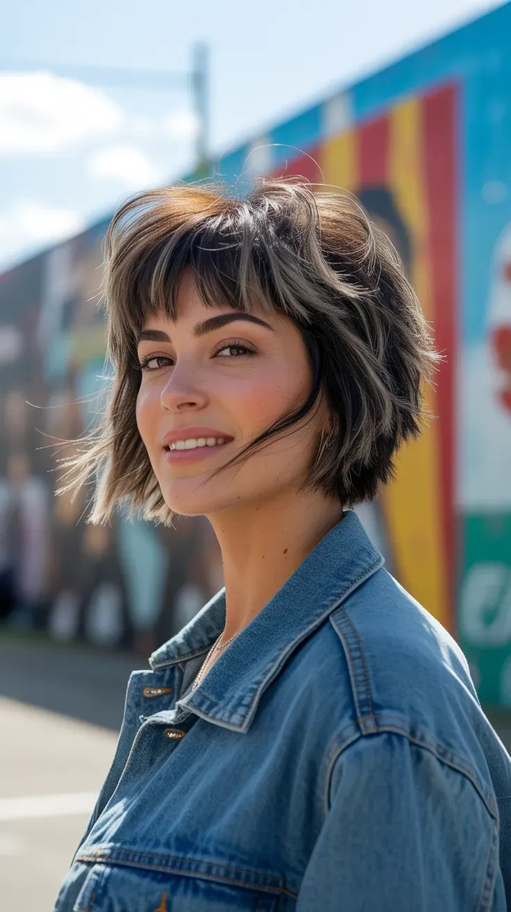 Woman with a short shag haircut styled with strong root lift and choppy layers