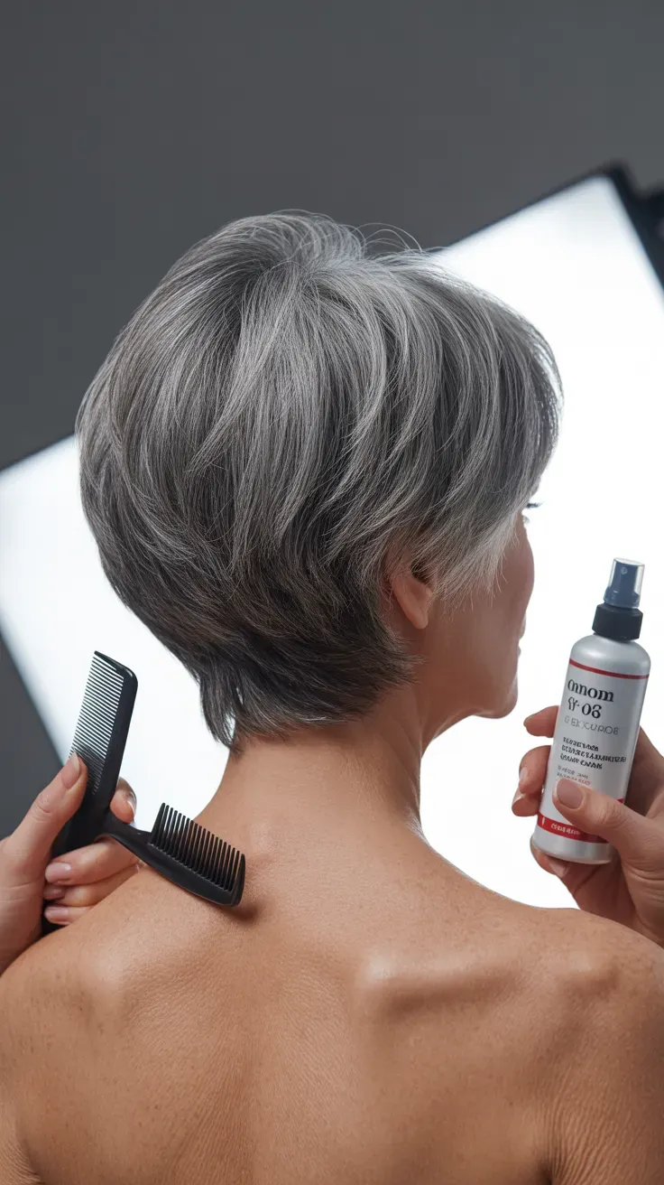 Woman over 50 with a short stacked bob, gray hair fuller and layered at the back
