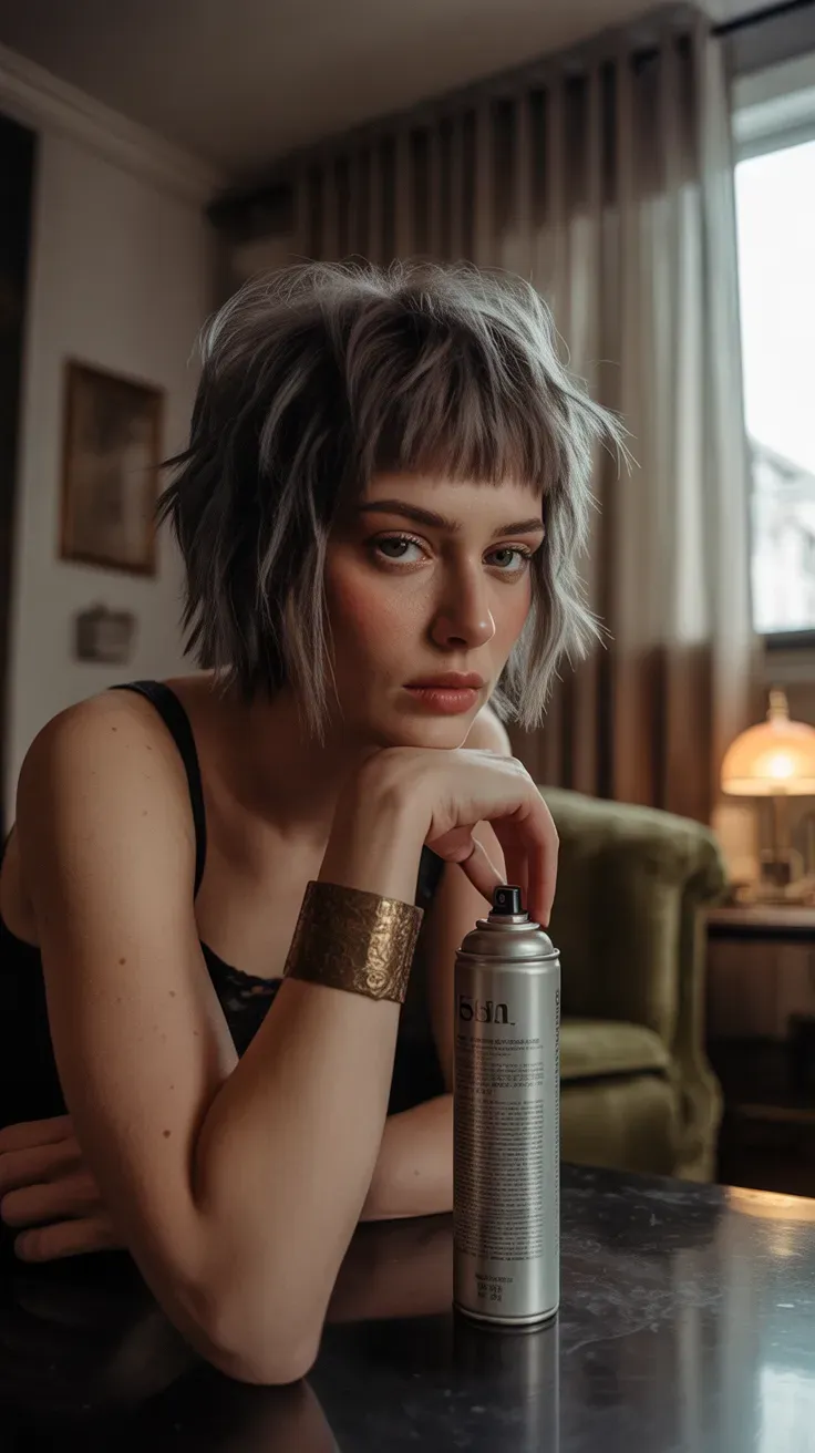 Woman with a short wolf cut featuring heavy layers and choppy fringe