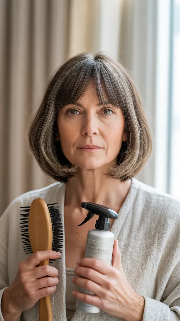 Woman over 50 with a shoulder-length shag paired with soft curtain bangs