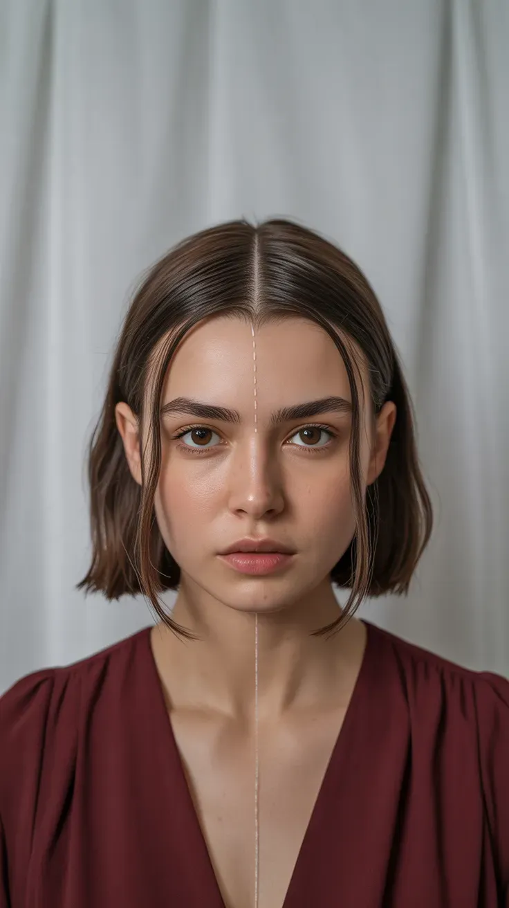 Woman with a side-parted bob showing lifted roots and a deep side part