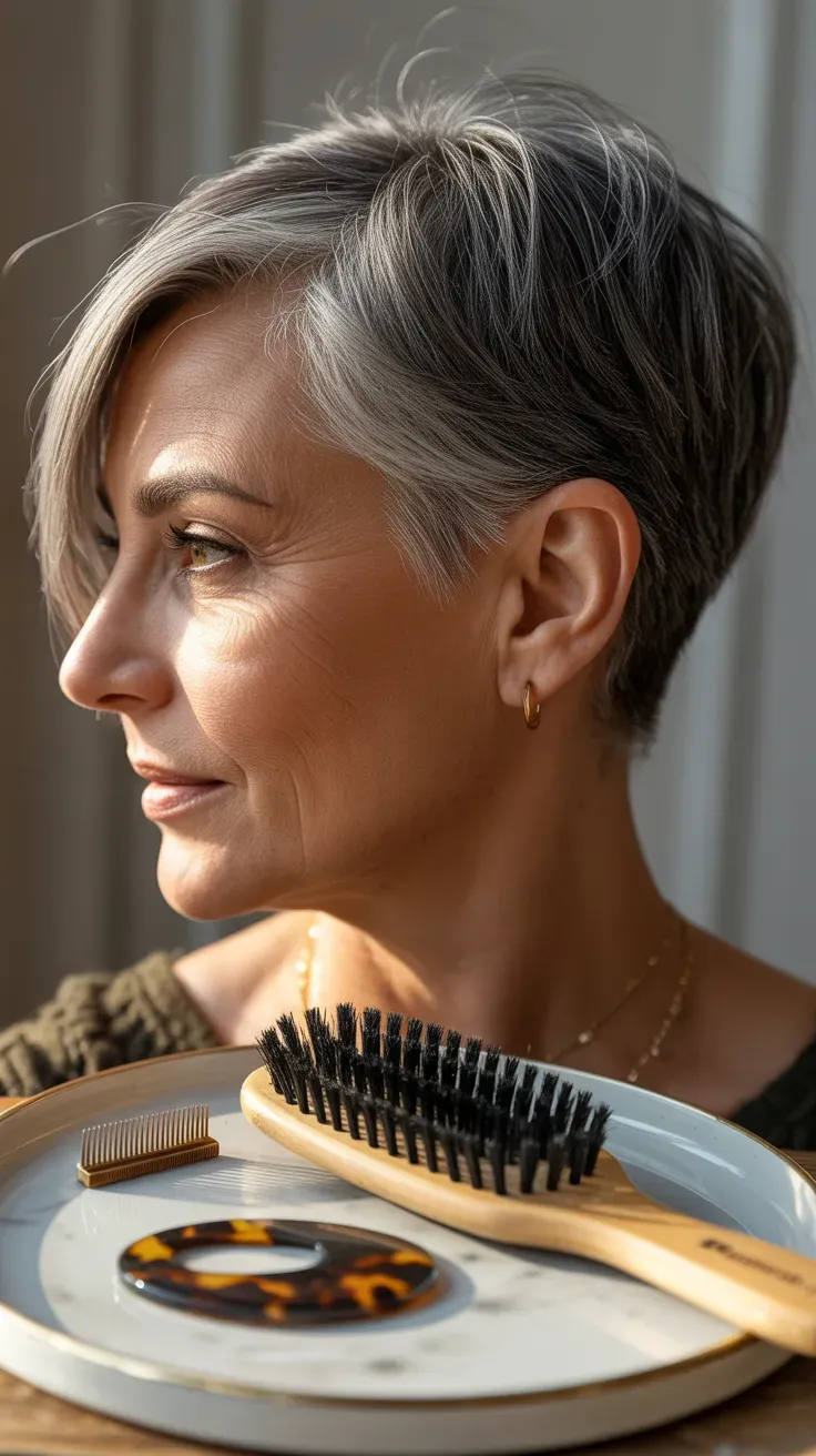 Woman over 50 with a gray pixie cut styled with a long, side-swept fringe