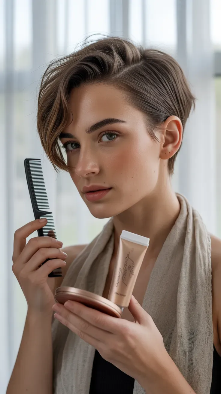 Woman with a side-swept pixie cut styled with a deep side part