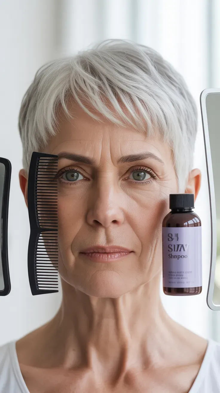 Woman over 50 with a striking silver-white pixie cut