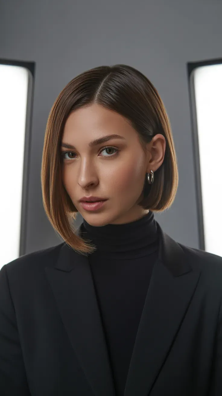 Woman with a sleek smooth French bob and glossy finish