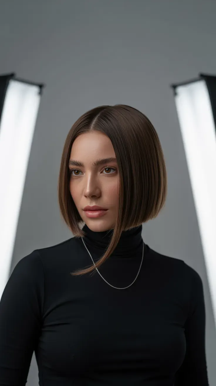 Woman with a sleek smooth straight bob and glossy finish