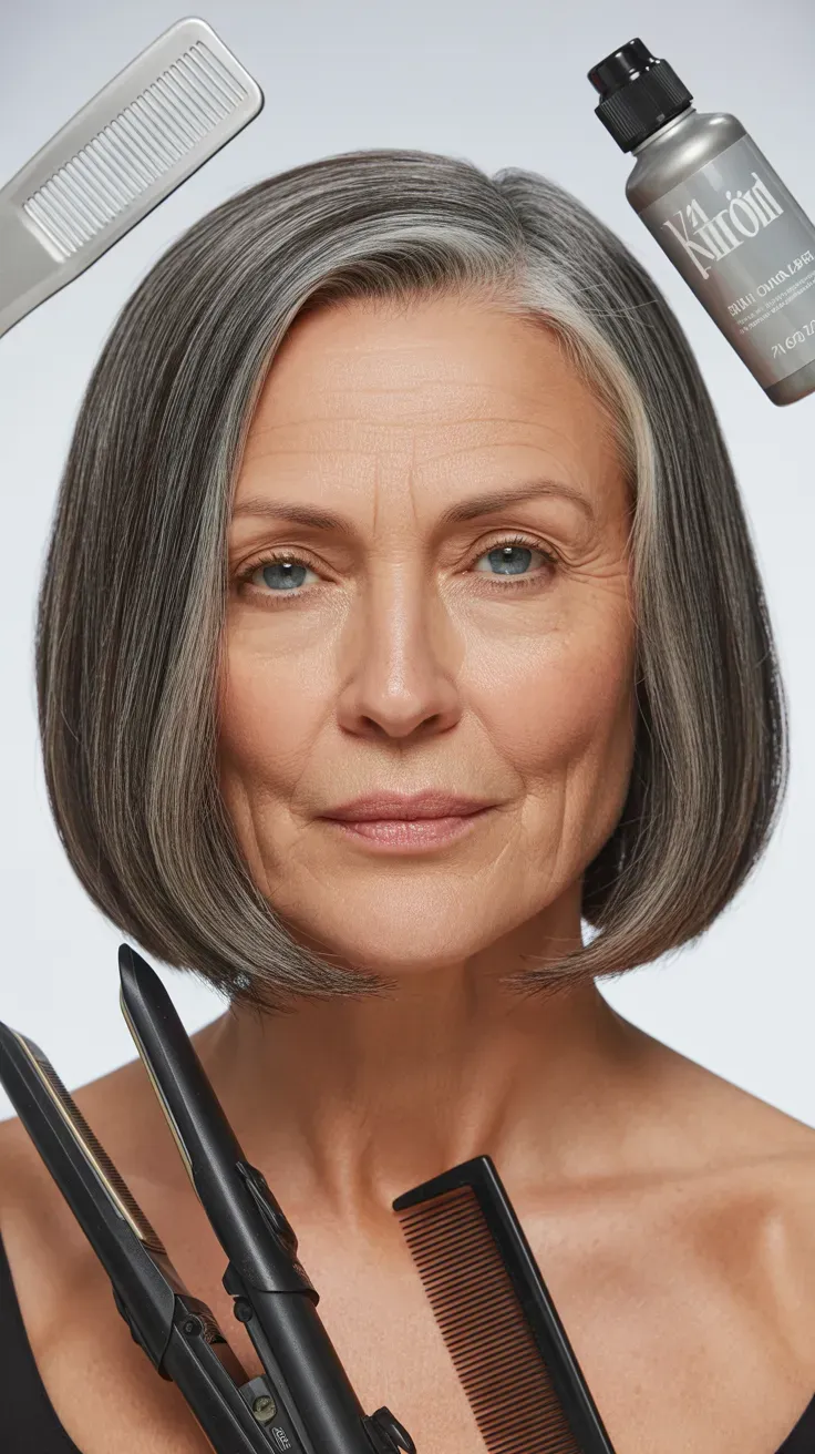 Woman over 50 with a sleek, smooth gray bob styled straight and polished