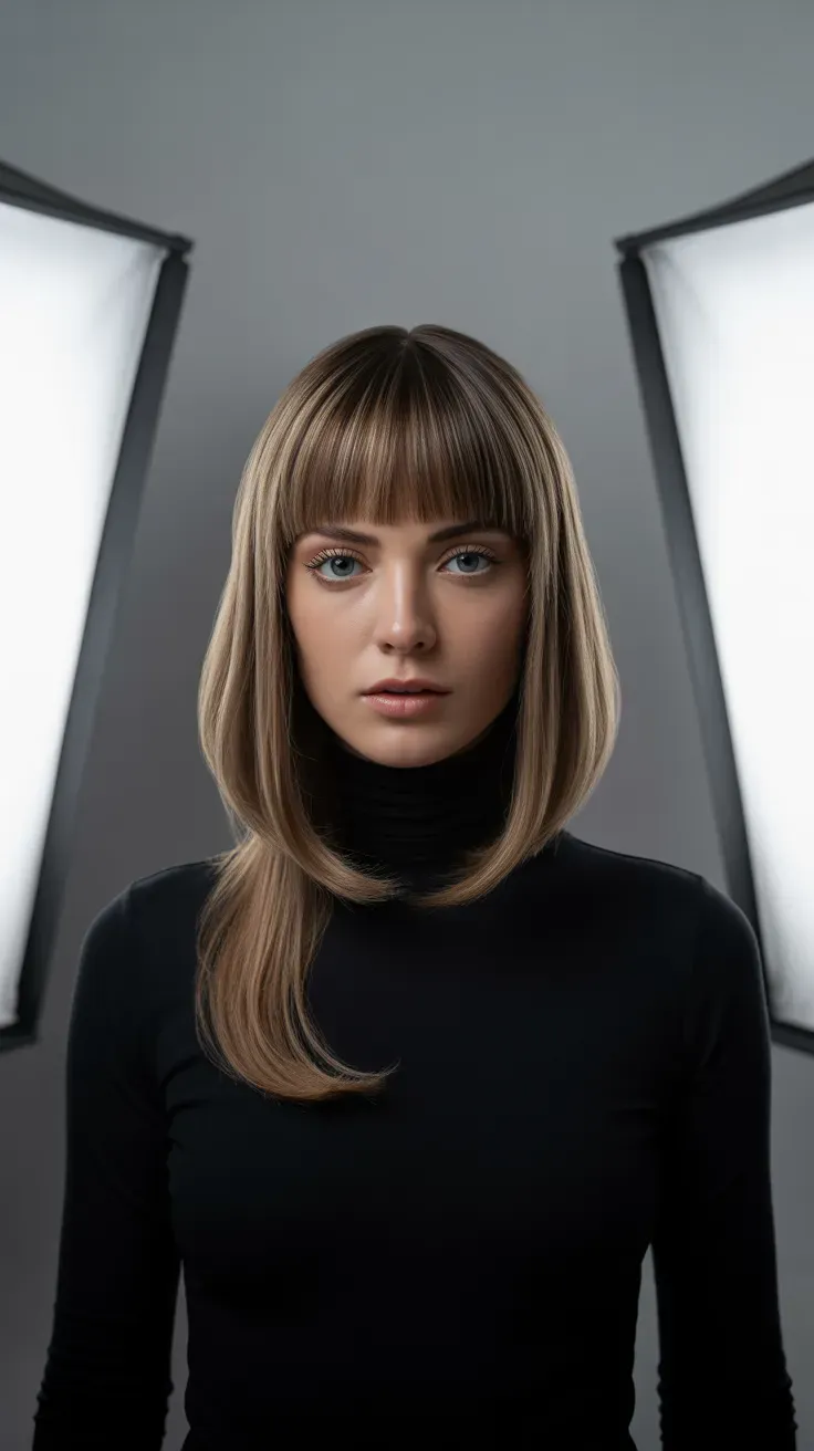 Woman with a sleek smooth long bob and bangs with a glossy finish