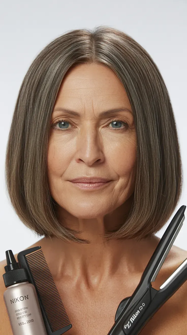 Woman over 50 with a sleek, smooth medium-length bob styled straight and polished