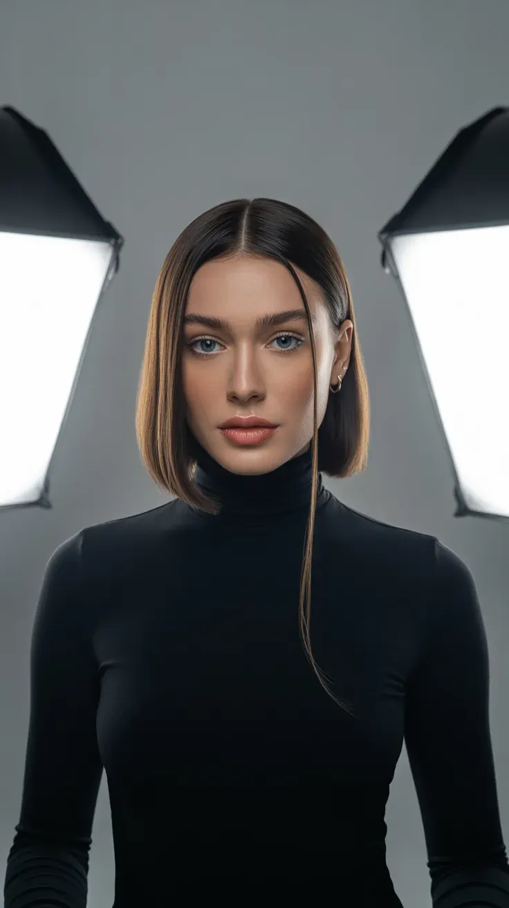 Woman with a sleek smooth straight bob and glossy finish