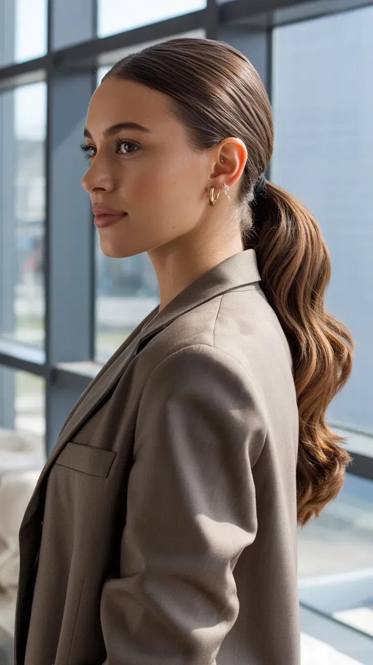 Woman with a sleek low ponytail featuring wavy texture through the length