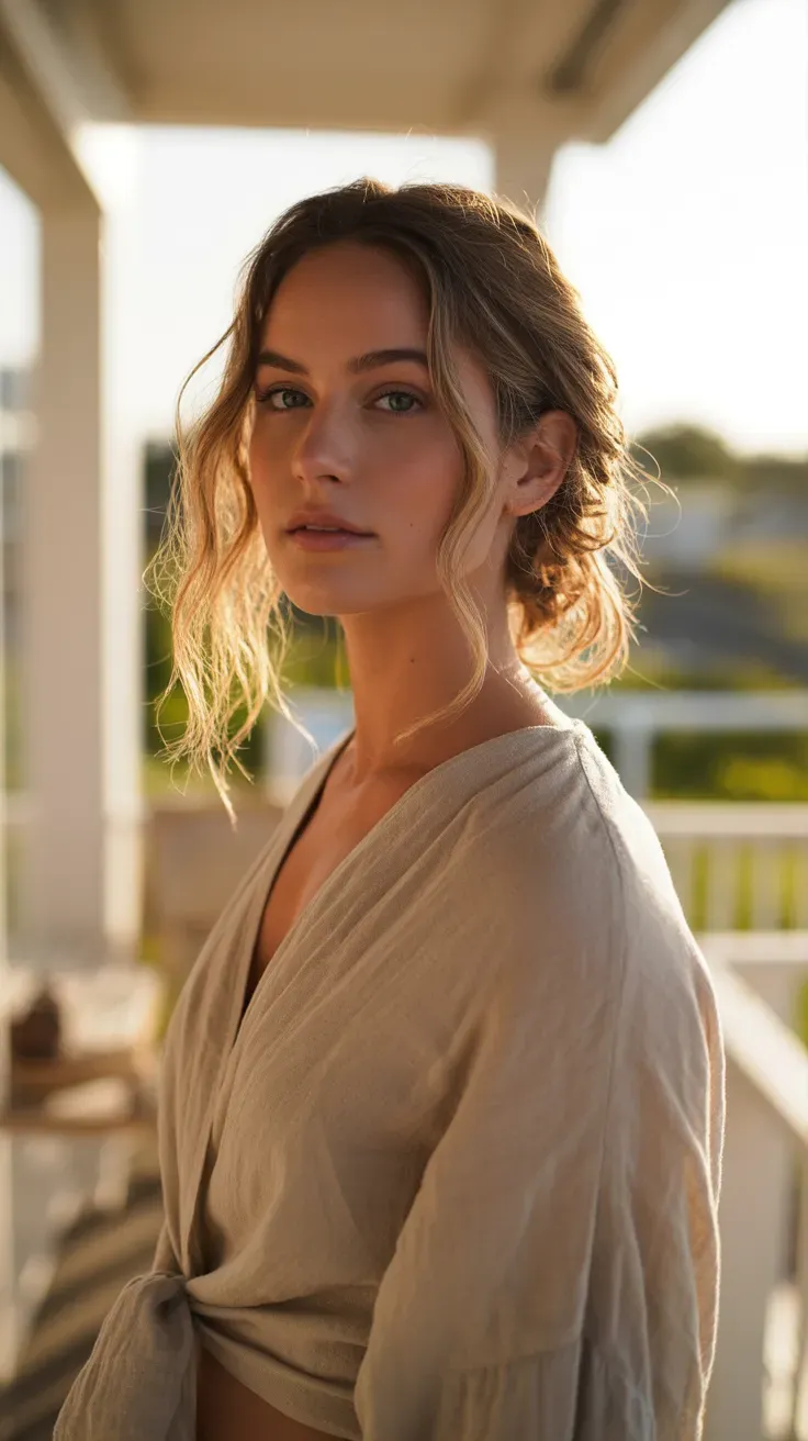 Woman with soft loose beach waves and light natural texture throughout her hair