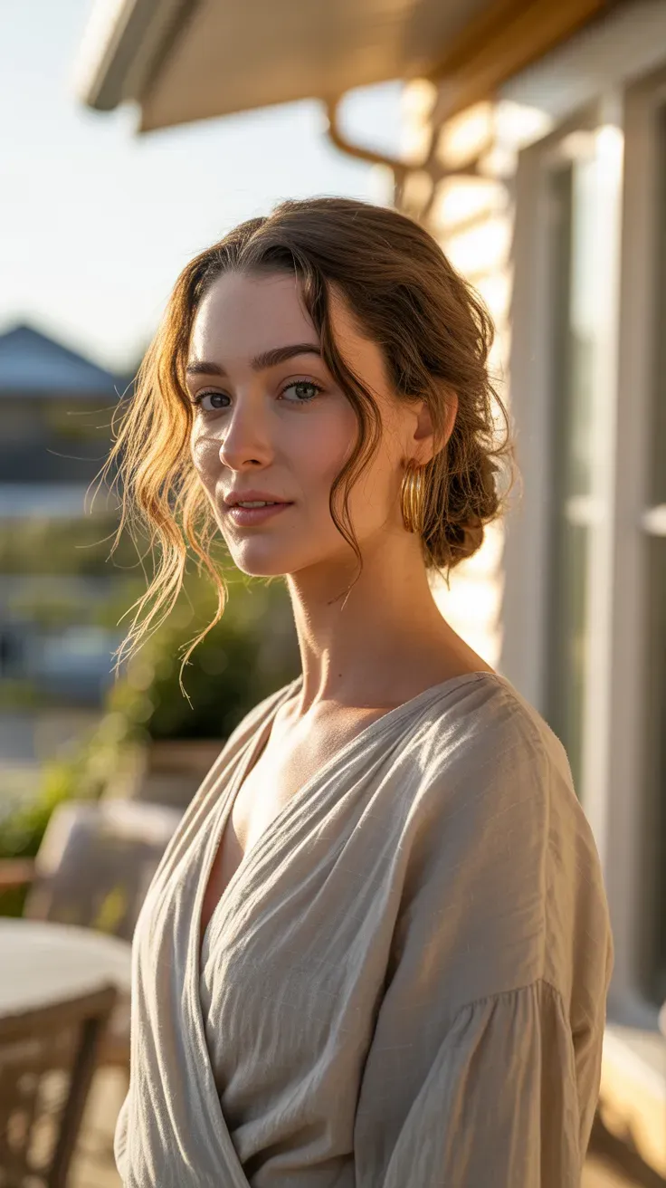 Woman with soft loose beach waves and light natural texture throughout her hair