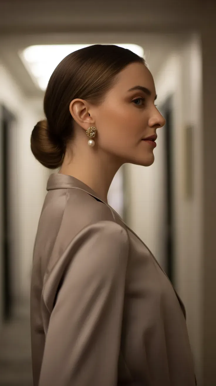 Elegant older woman with a soft low chignon styled at the nape of her neck