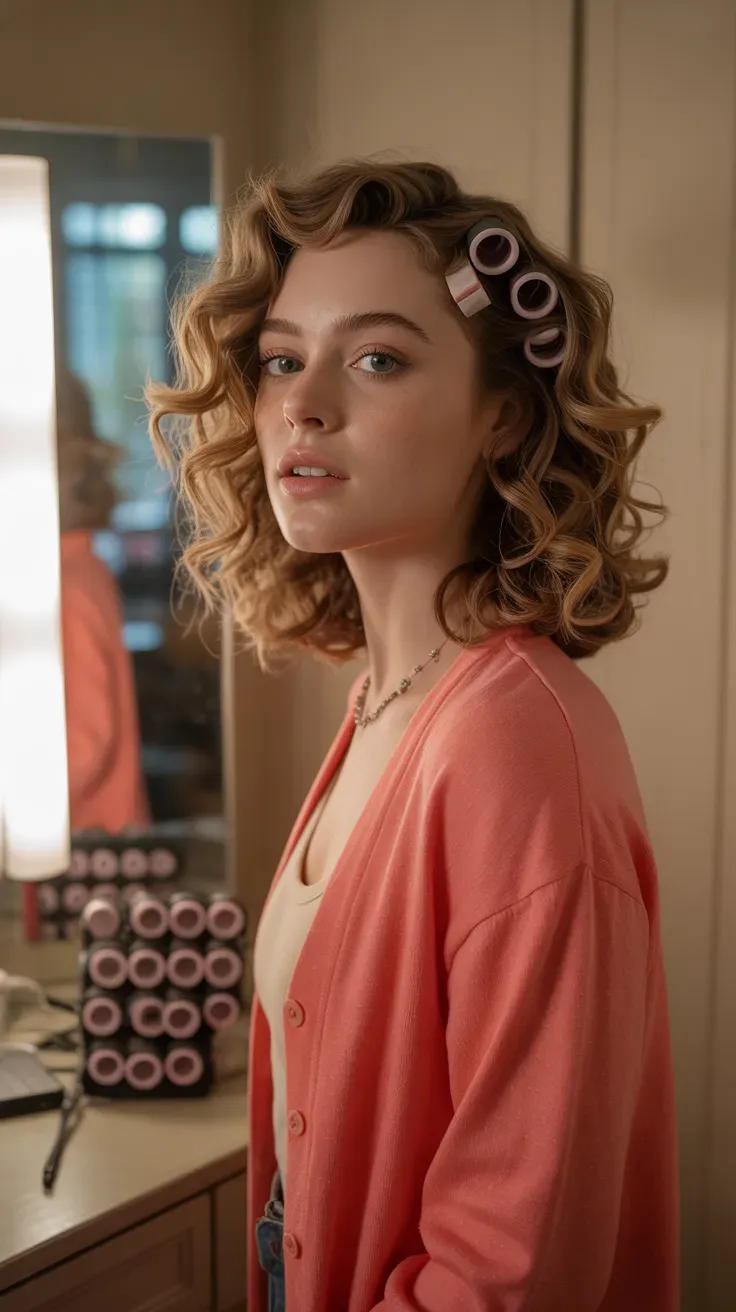Woman with soft bouncy curls styled using velcro rollers throughout