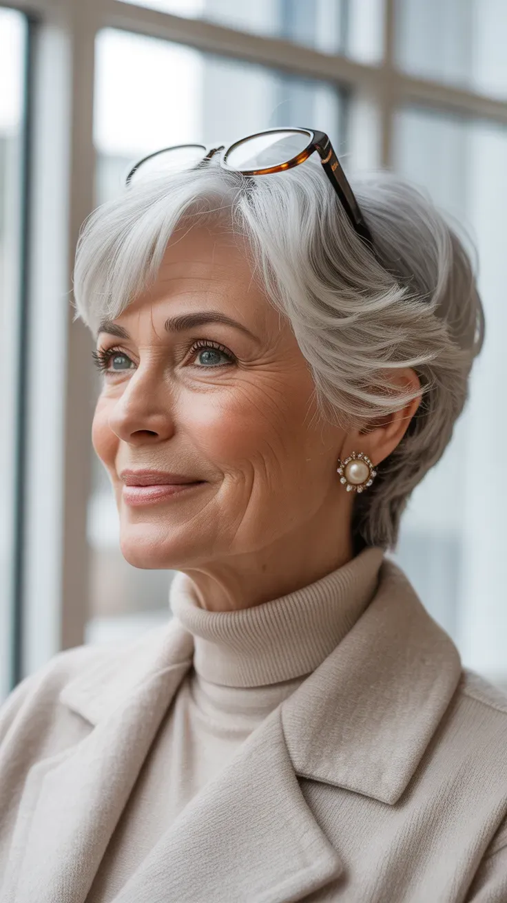 Silver-haired woman with a soft layered pixie cut showing gentle volume at the crown