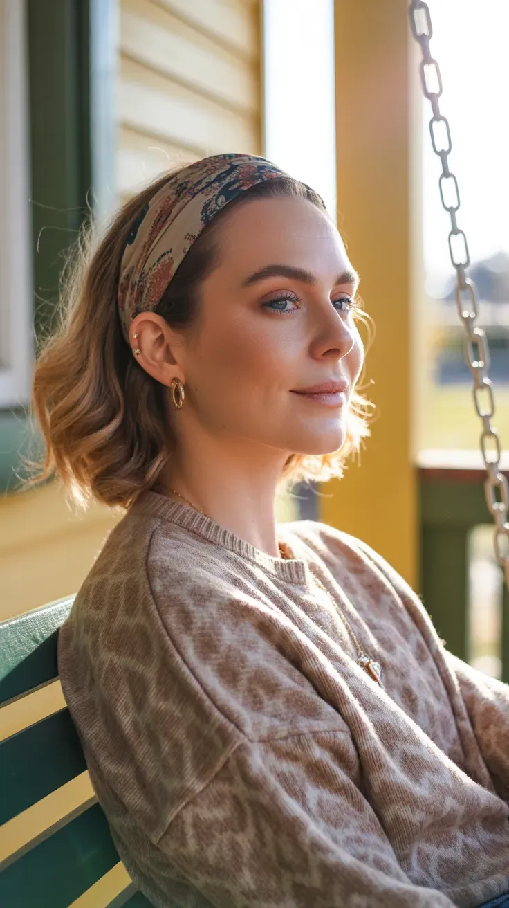 Woman with soft loose waves styled with a fabric headband pushing hair back