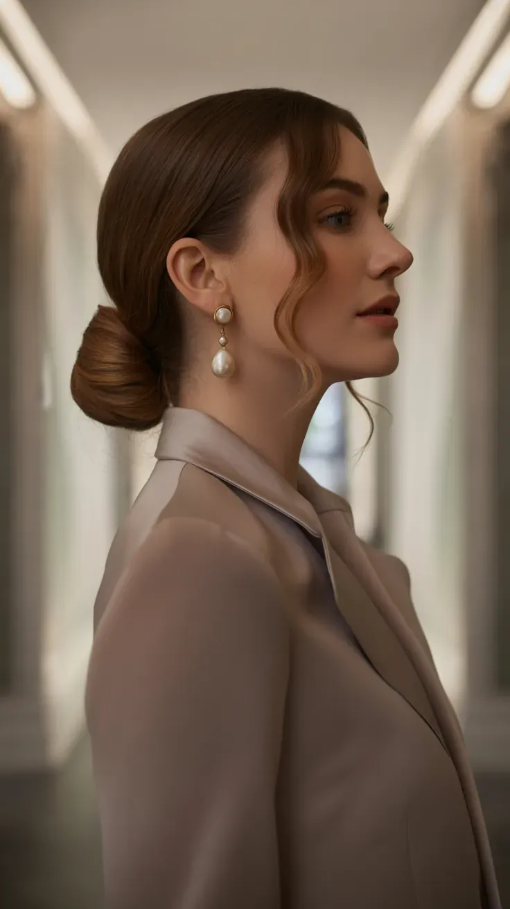 Woman with a soft low chignon featuring loose wavy tendrils at the nape