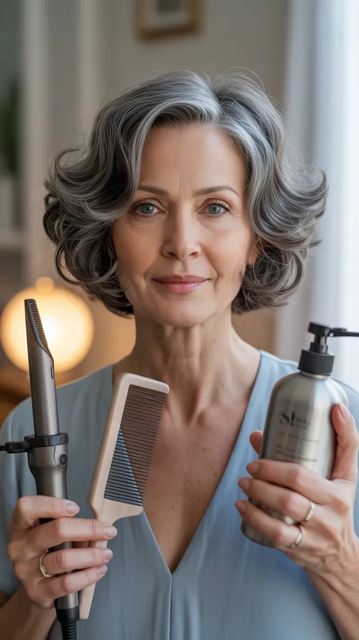 Woman over 50 with a gray bob styled with soft, gentle waves
