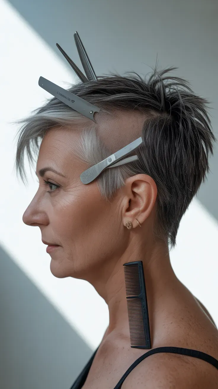 Woman over 50 with an asymmetrical spiky crop, shorter on one side