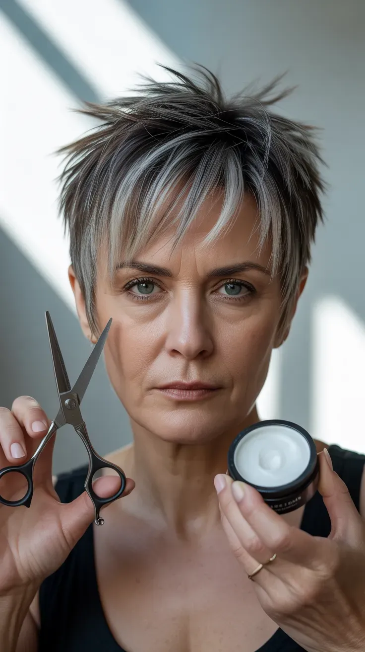 Woman over 50 with a spiky crop featuring choppy, jagged layers throughout