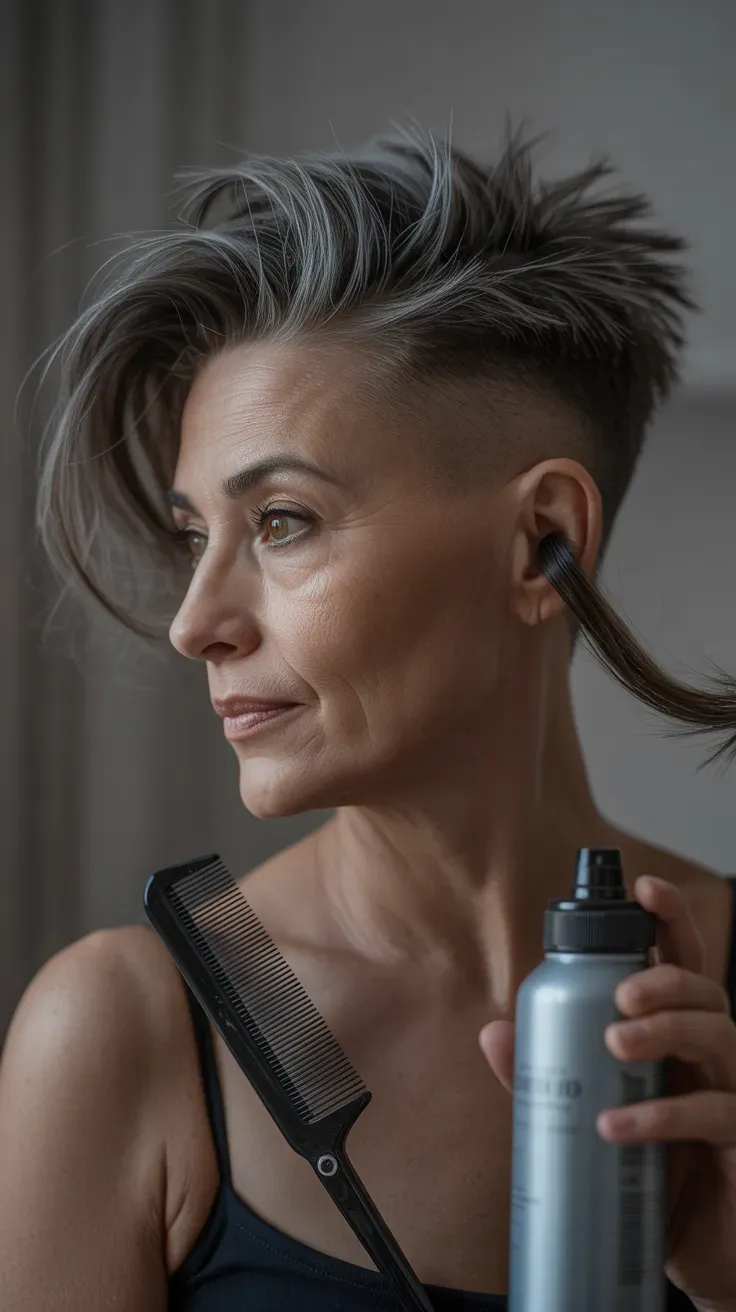 Woman over 50 with a spiky crop styled with a deep, dramatic side part