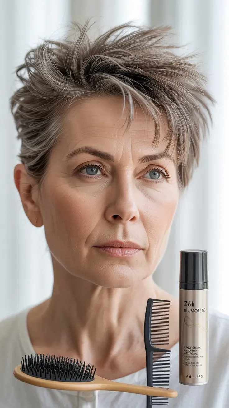 Woman over 50 with a spiky crop styled to add fullness to fine hair