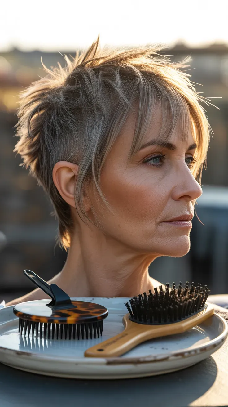 Woman over 50 with a spiky crop paired with a longer, textured fringe
