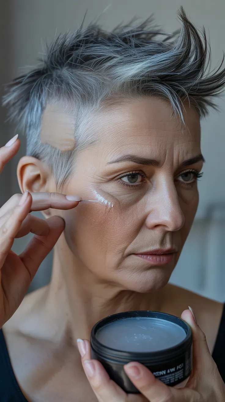 Woman over 50 with a spiky crop featuring piecey, well-separated ends
