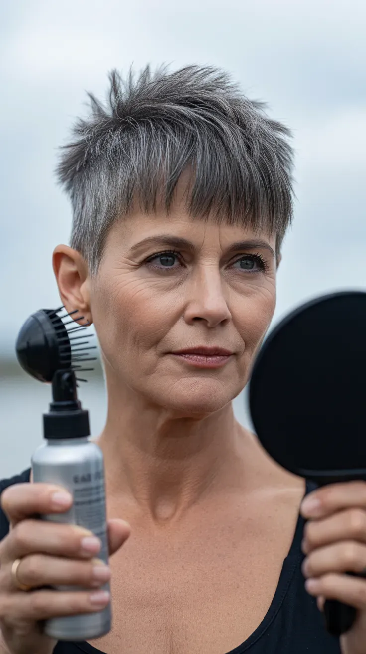 Woman over 50 with a spiky crop and a short, textured fringe