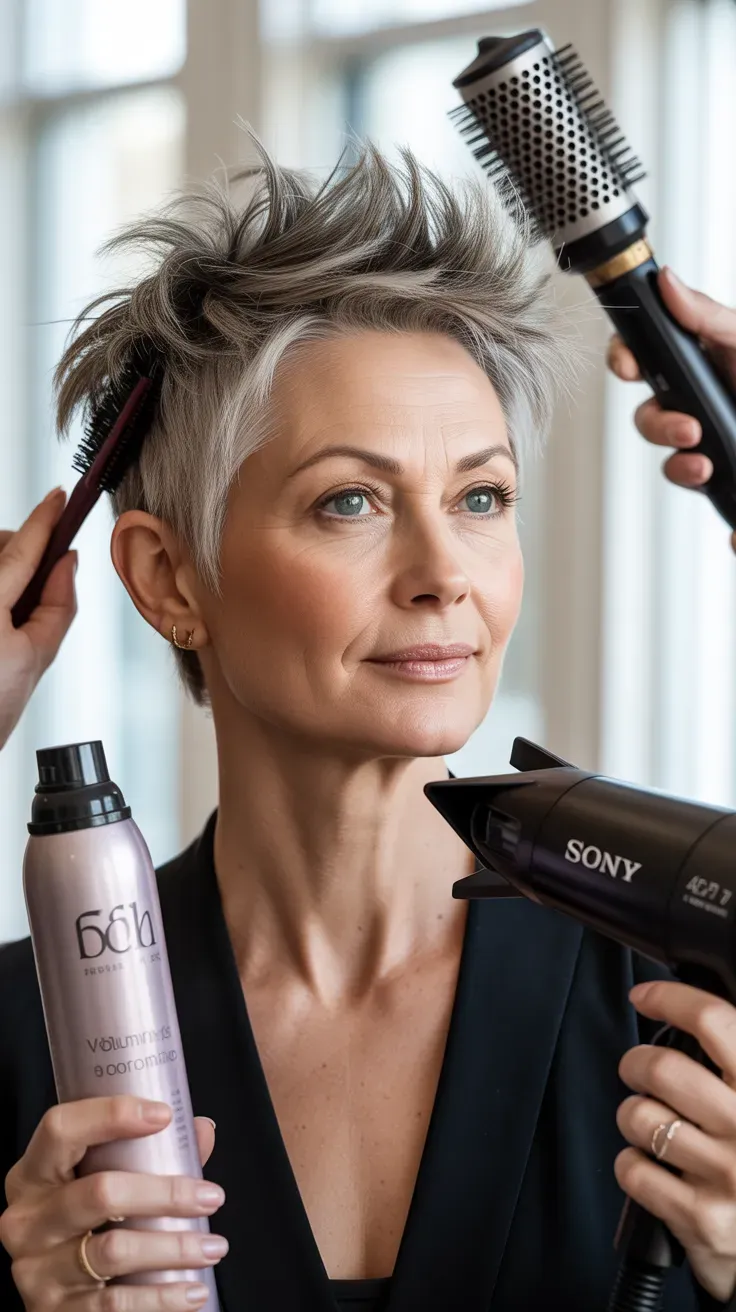 Woman over 50 with a spiky crop styled with extra volume from a fresh blowout