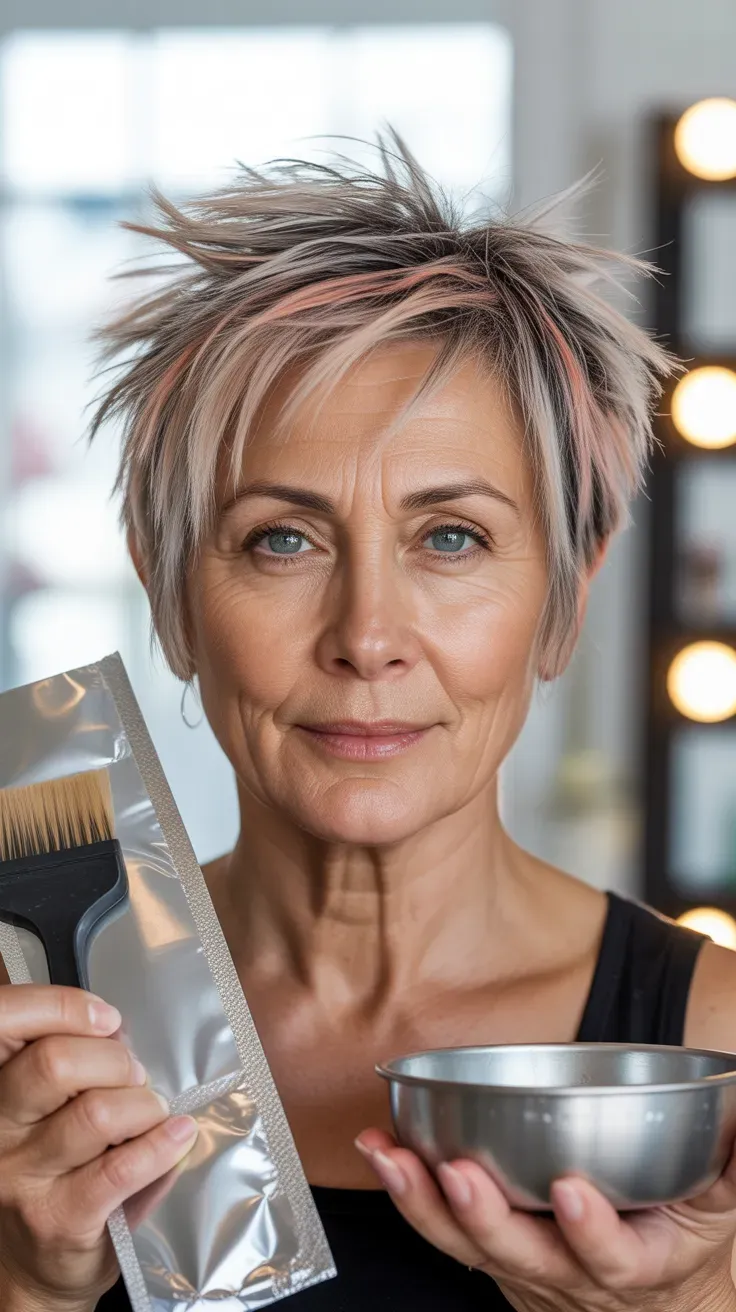 Woman over 50 with a spiky crop featuring warm, dimensional highlights