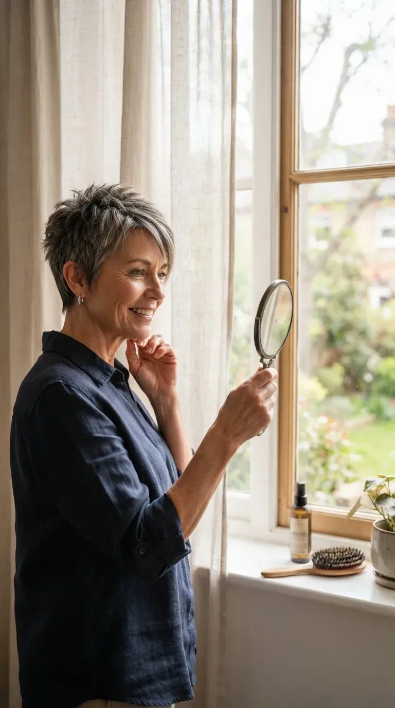Spiky crop haircut with an angled fringe on older woman