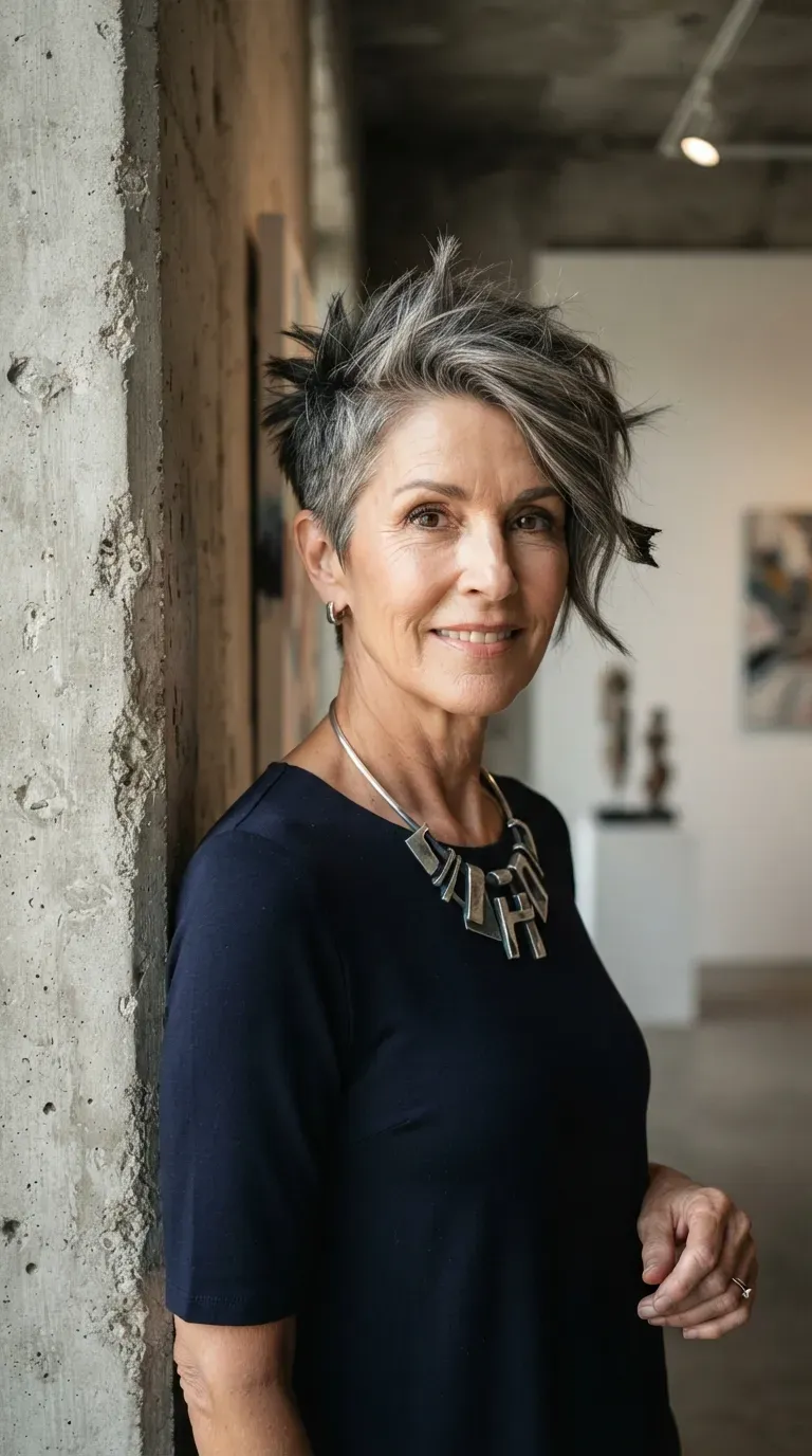 Asymmetrical spiky pixie haircut on older woman with uneven textured sides