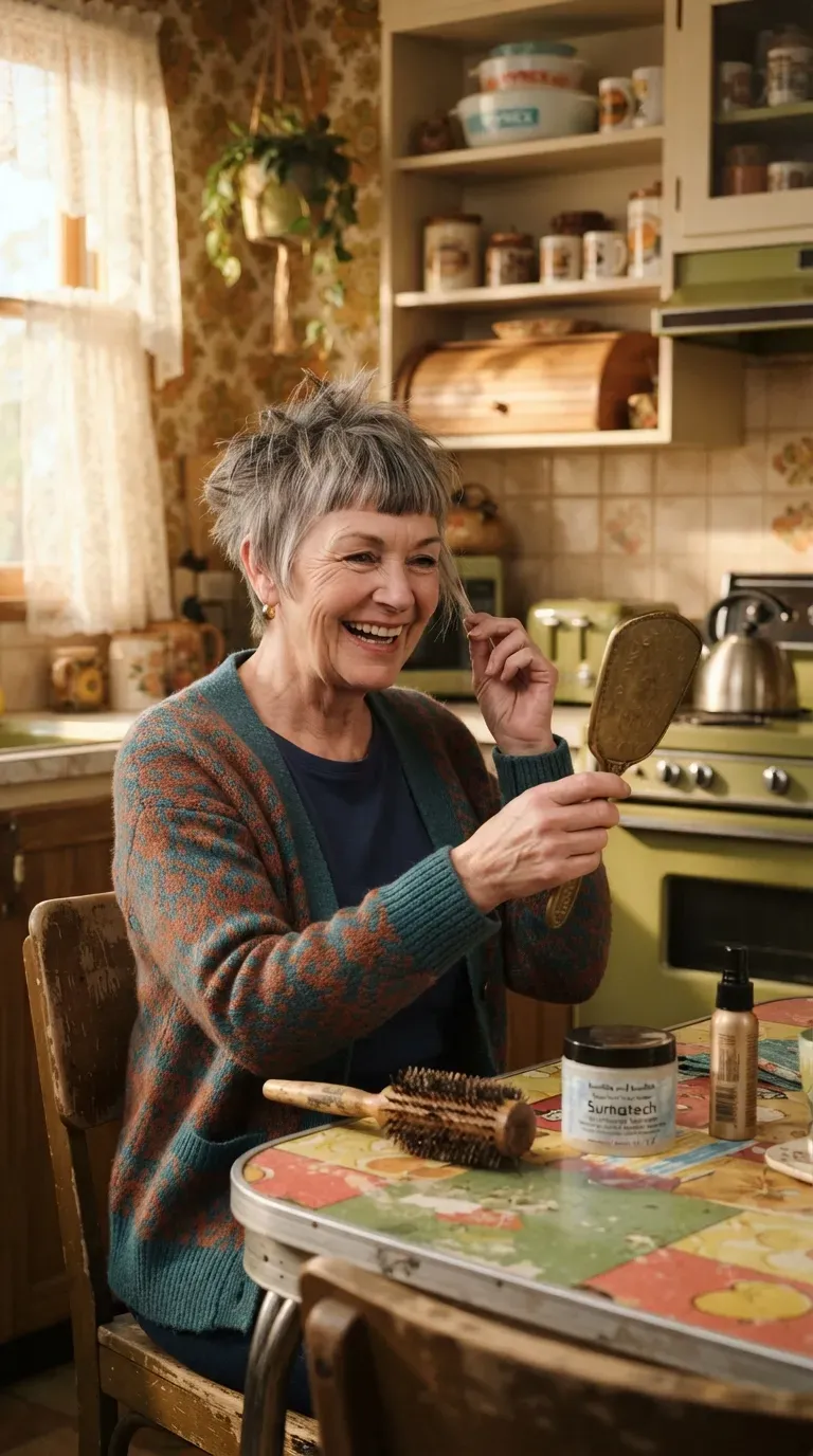 Spiky crop haircut with blunt fringe on older woman