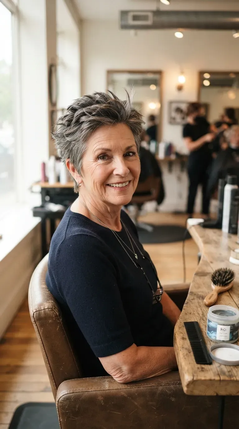 Older woman with a classic textured pixie haircut styled into soft spikes