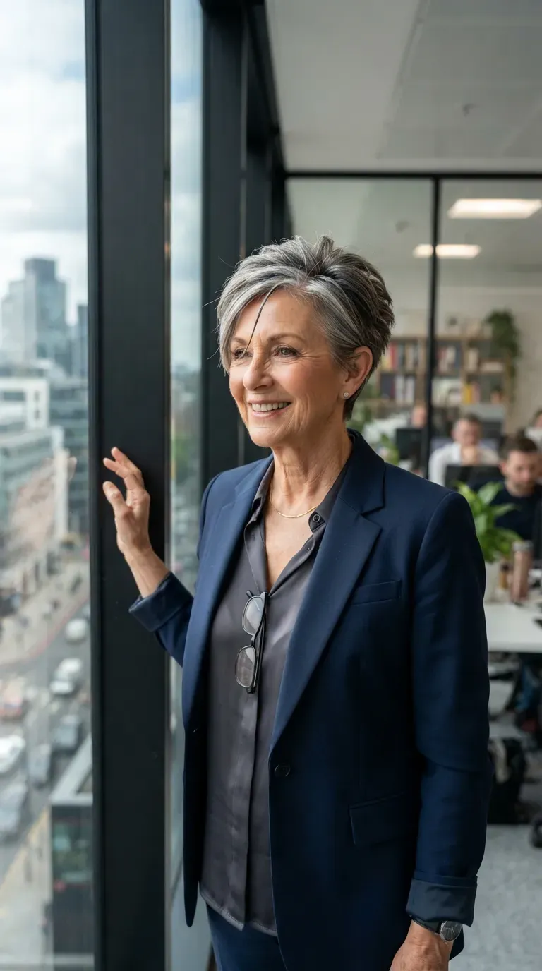 Spiky crop haircut with a deep side part on older woman