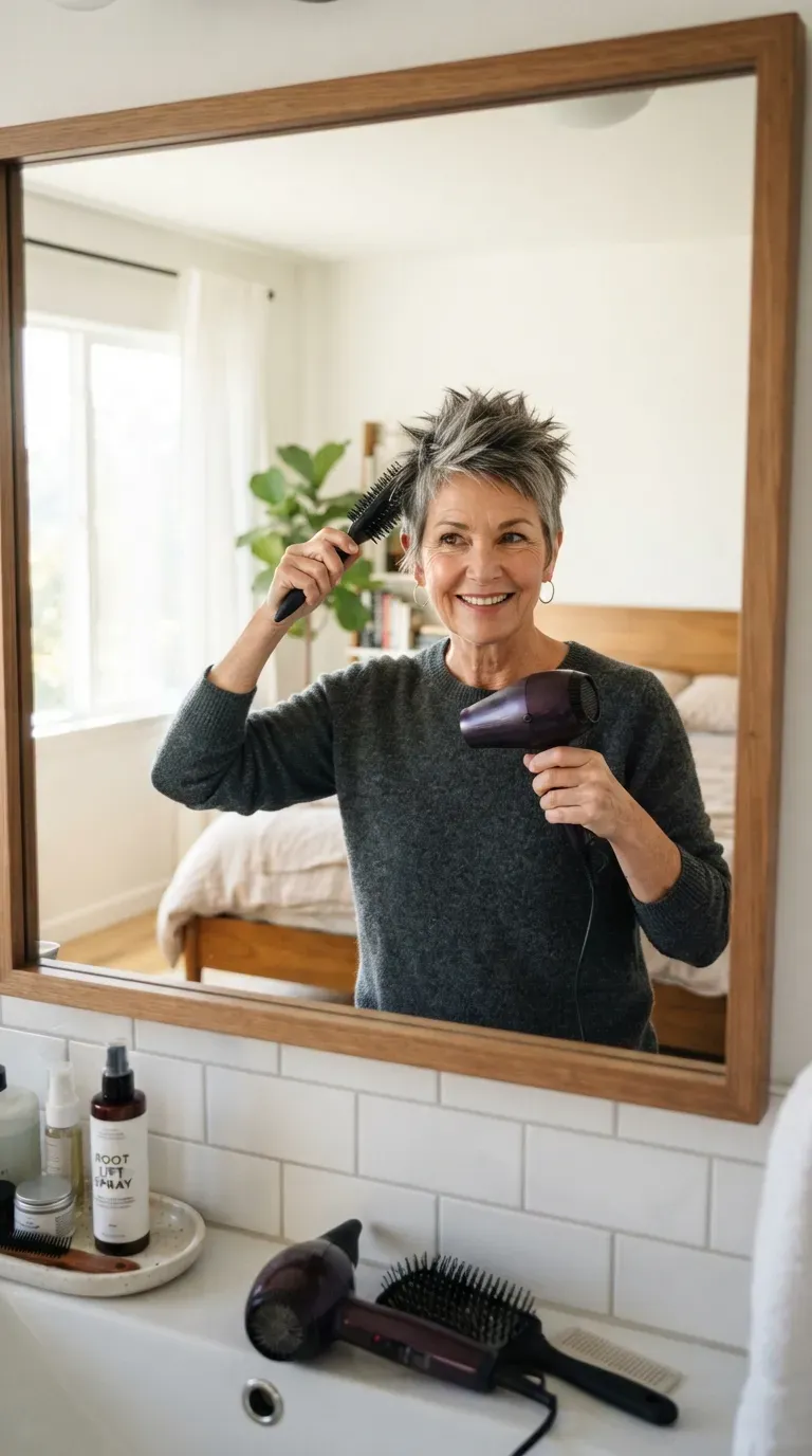 Spiky pixie haircut with longer top section on older woman