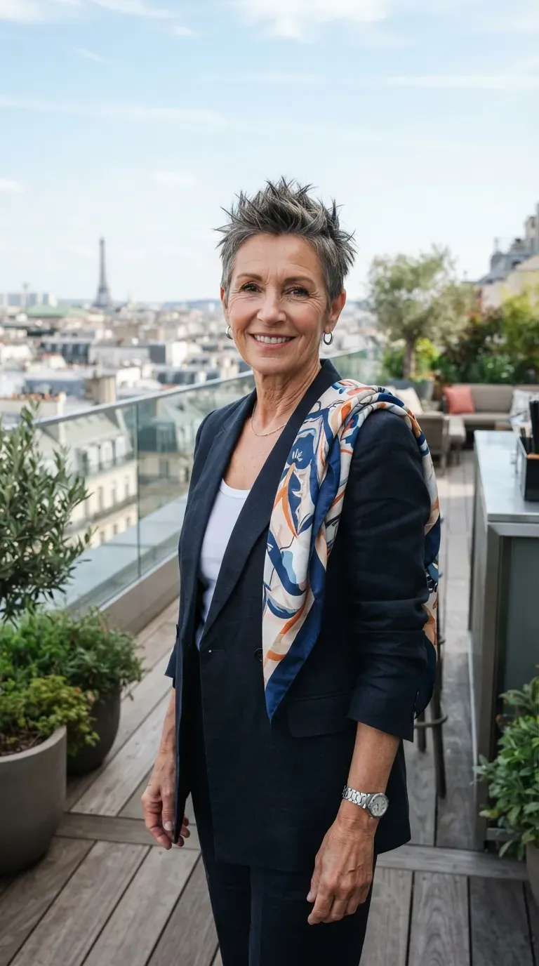 Spiky crop haircut styled with a matte finish on older woman