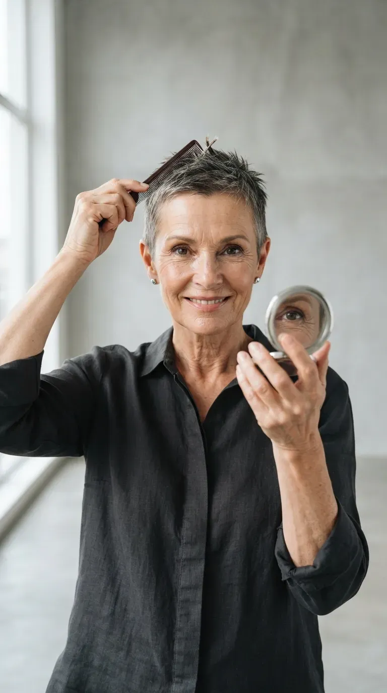 Micro spiky crop haircut on older woman with very short textured length