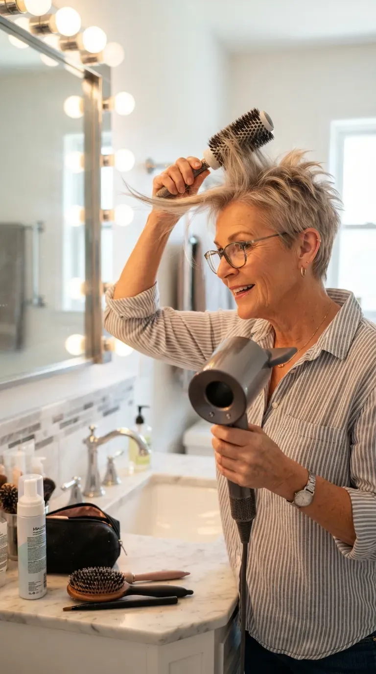 Spiky crop haircut styled with dramatic root lift on older woman