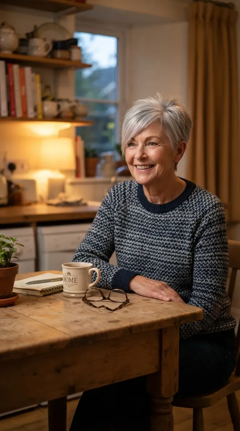 Spiky crop haircut with side fringe on older woman