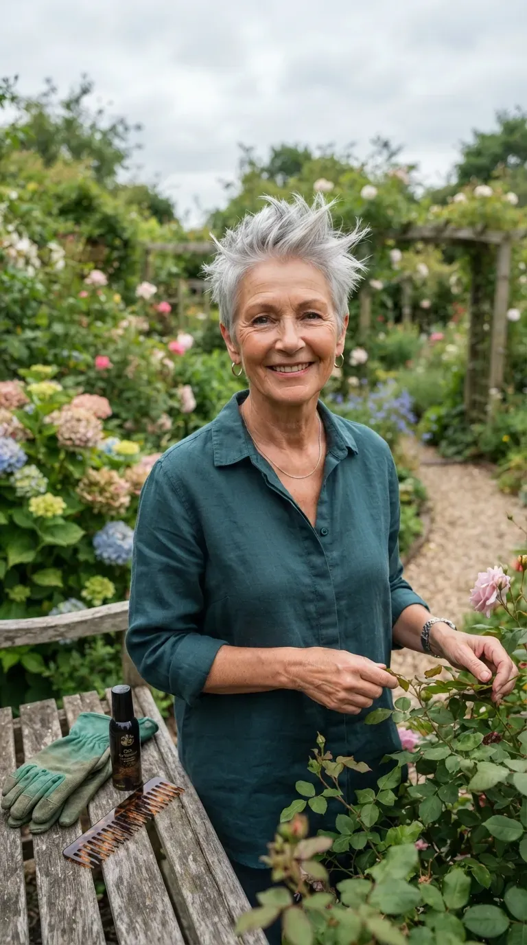 Silver spiky pixie haircut on gray-haired older woman with bright texture
