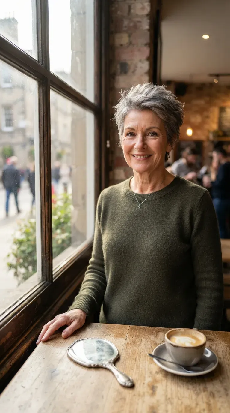 Soft spiky crop haircut on older woman with gentle textured tips